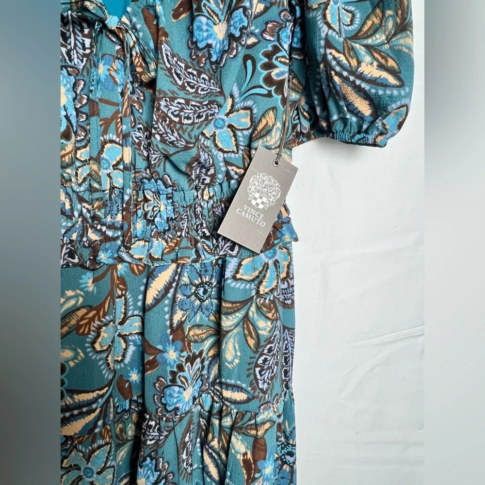 New! Vince Camuto Teal Floral Paisley Print Midi Dress - Picture 5 of 7